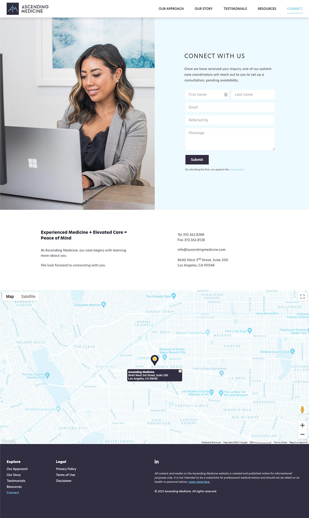 Contact page for premier concierge practice in Beverly Hills