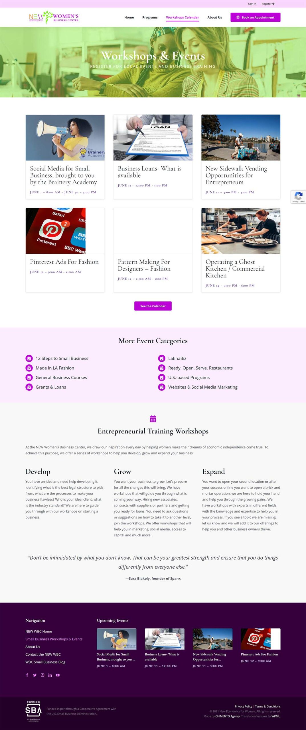 NEW Women's Business Center events page screenshot