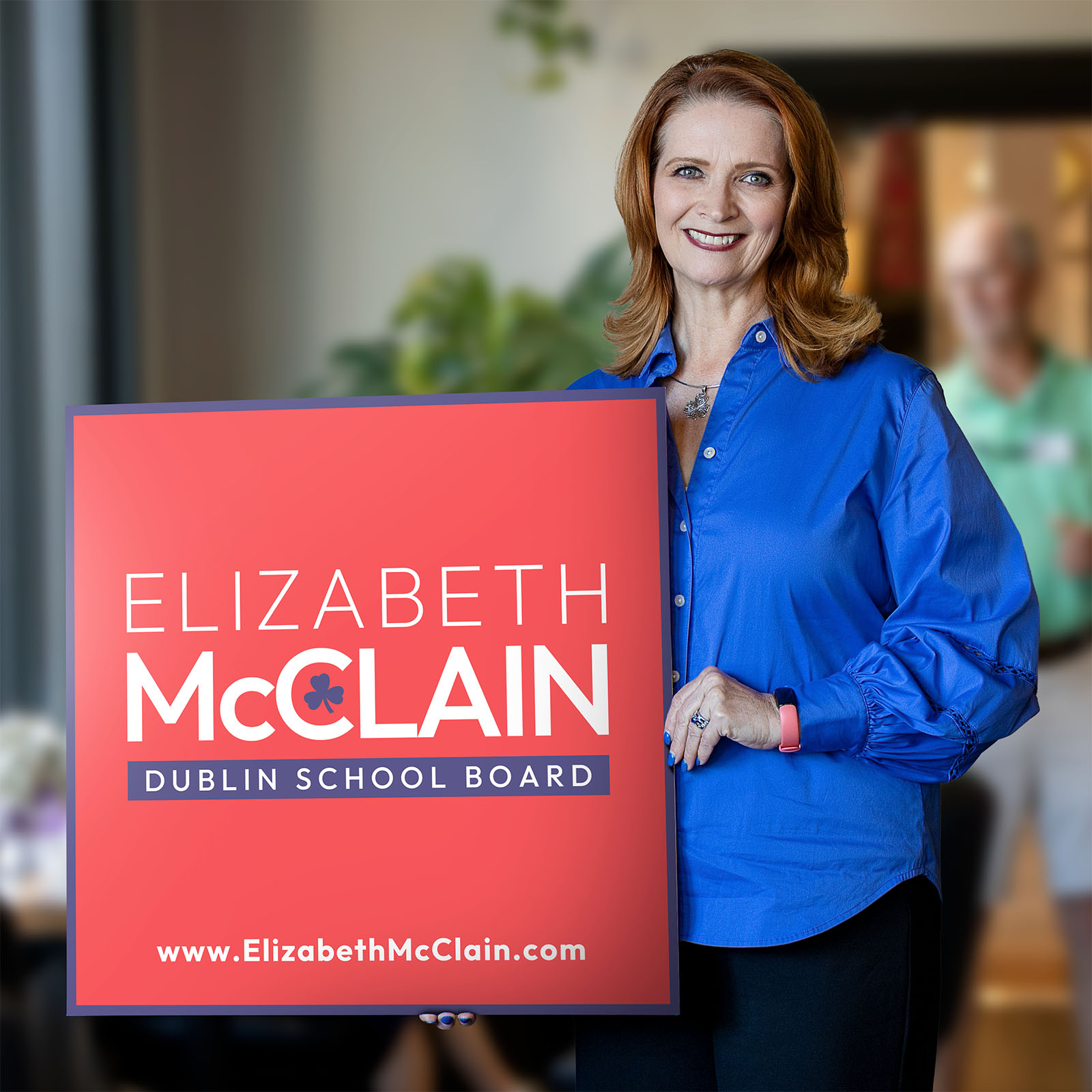 Elizabeth McClain with 2025 Dublin School Board campaign poster